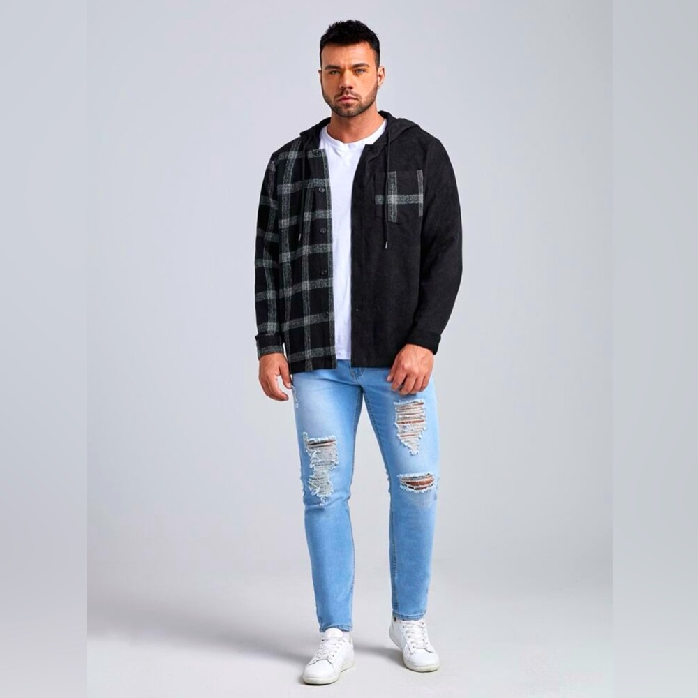 EUC Manfinity Plus Plaid Paneled Hooded Jacket